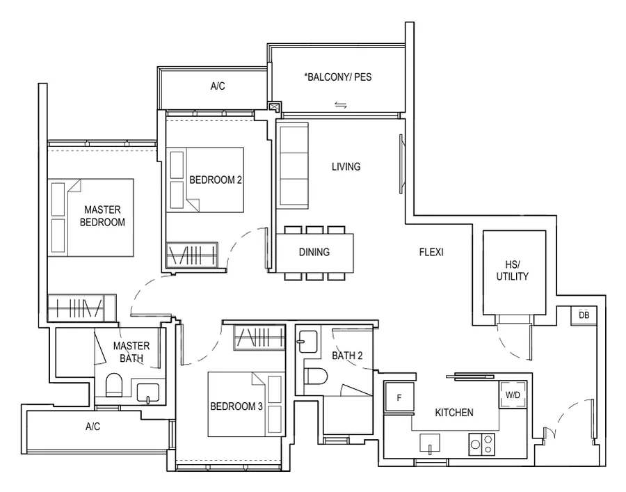 Floor plan of Bagnall Haus type D3, 3 Bedroom + Flexi, 1,033 sq ft