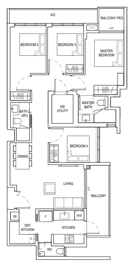Floor plan of Bagnall Haus type E1a, 4 Bedroom, 1,249 sq ft