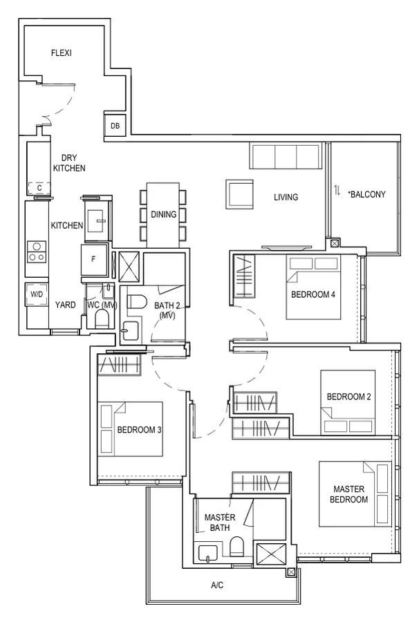 Floor plan of Bagnall Haus type E2a, 4 Bedroom + Flexi, 1,249 sq ft