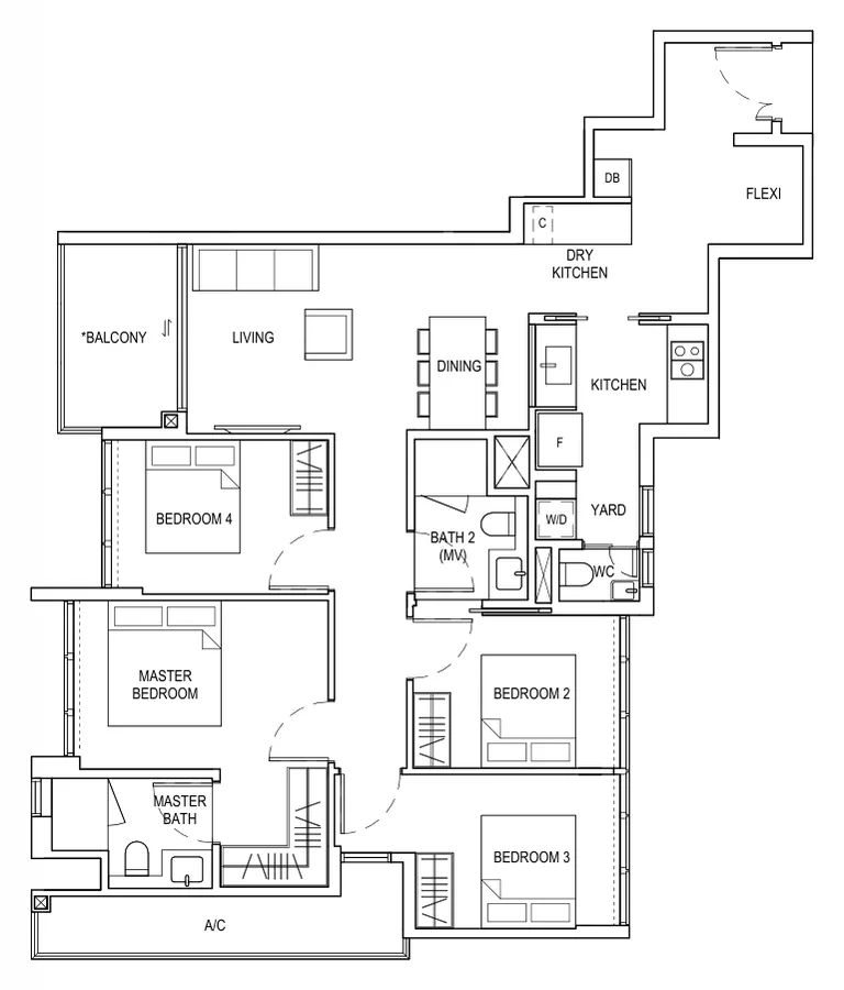 Floor plan of Bagnall Haus type E2b, 4 Bedroom + Flexi, 1,249 sq ft