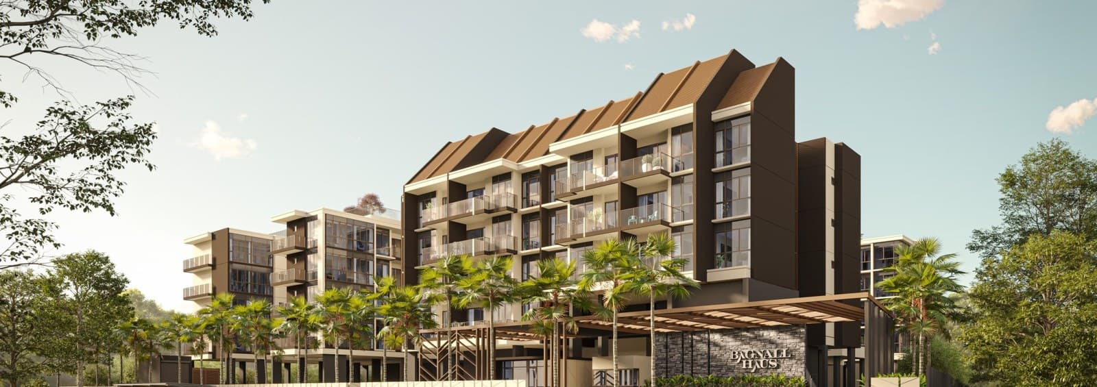 Artist's impression of the five-storey blocks of Bagnall Haus with their pitched brown roofs, seen across the road from the entrance and its row of palms
