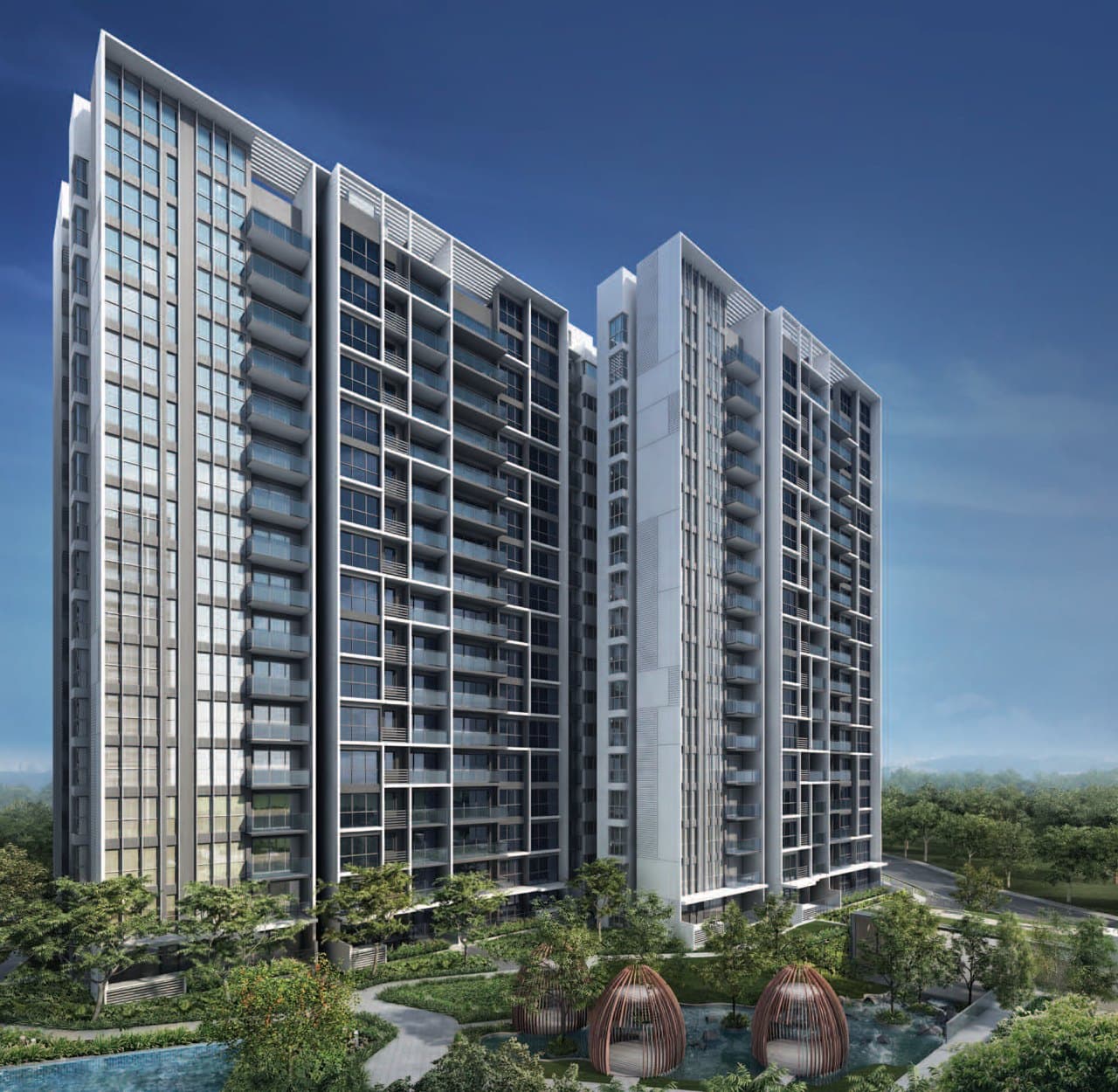 Artist's impression of Bartley Ridge: two of the 17-storey blocks above the gardens and the meditation pods