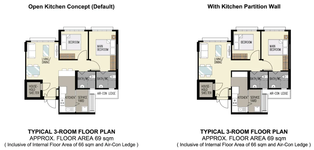 HDB floor plan of a 3-room flat at Bedok North Woods, about 69 sqm