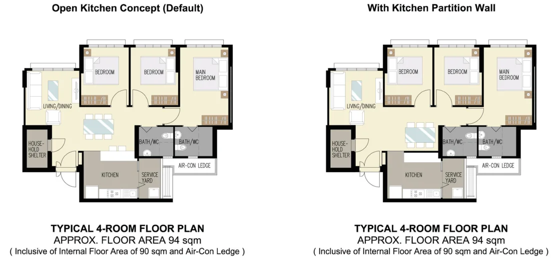 HDB floor plan of a 4-room flat at Bedok North Woods, about 94 sqm