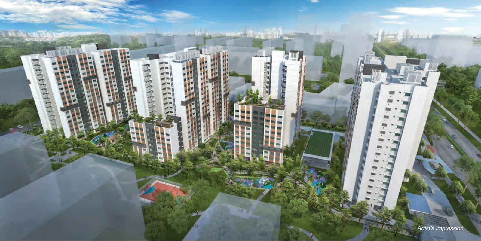 Artist’s impression of Bedok North Woods from above: 17-storey HDB blocks with timber-toned facades around landscaped gardens and playgrounds
