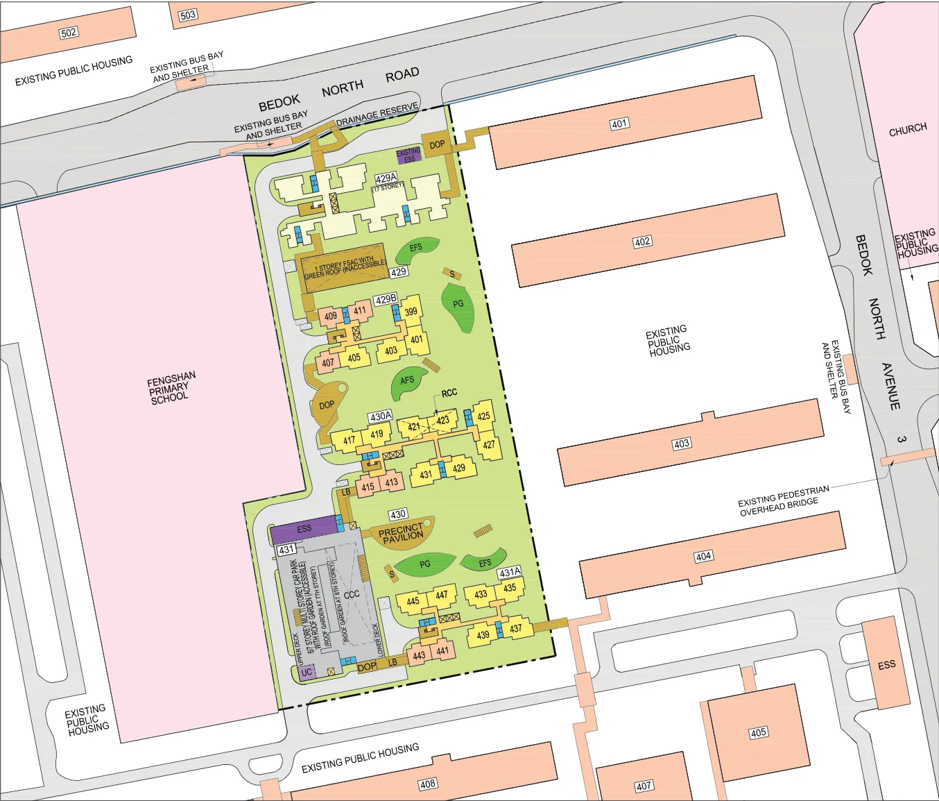 HDB site plan of Bedok North Woods, blocks 429B, 430A and 431A