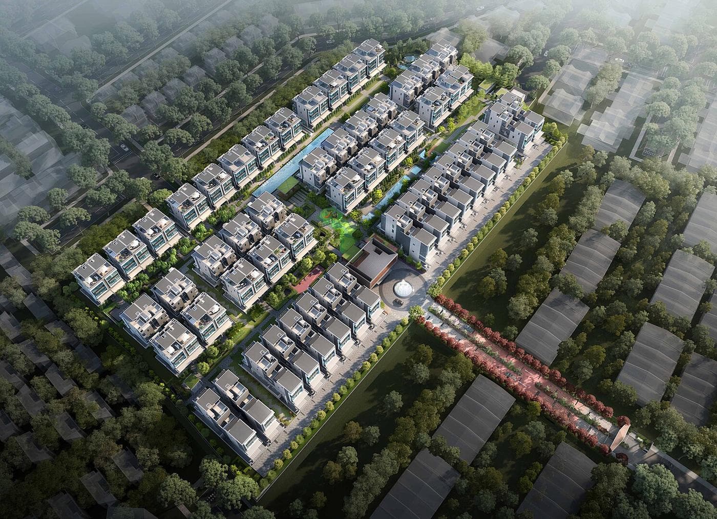 Artist's impression of Belgravia Ace from the air: rows of four-level semi-detached houses around a long lap pool and gardens, with the entrance road running off to Belgravia Drive