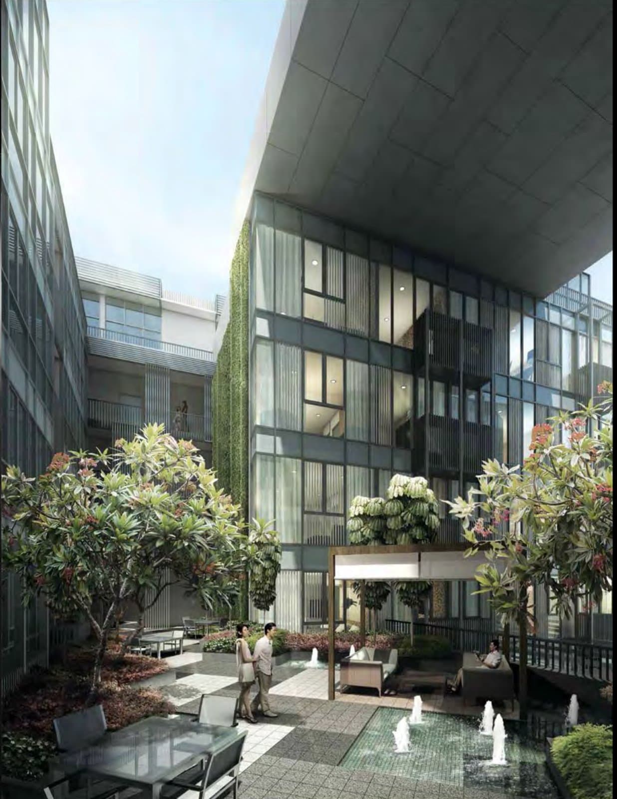 Bijou: the central courtyard with its water court and the block's glass and grey facade
