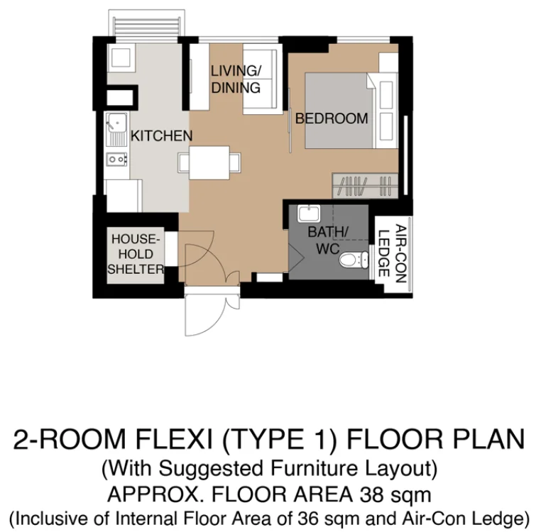 HDB floor plan of a 2-room Flexi (Type 1) flat at Bishan Towers, about 38 sqm