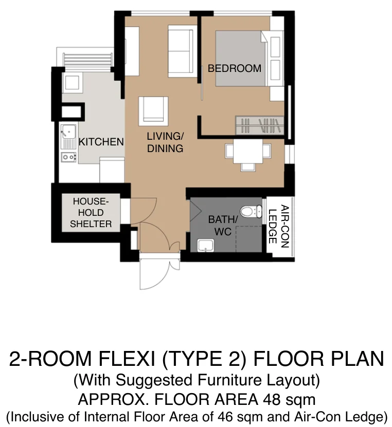 HDB floor plan of a 2-room Flexi (Type 2) flat at Bishan Towers, about 48 sqm
