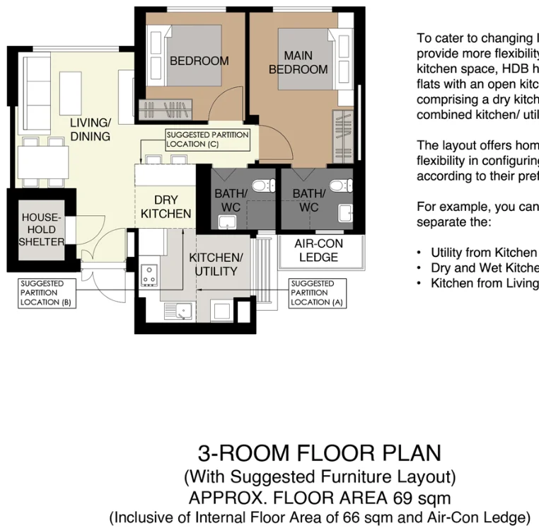 HDB floor plan of a 3-room flat at Bishan Towers, about 69 sqm