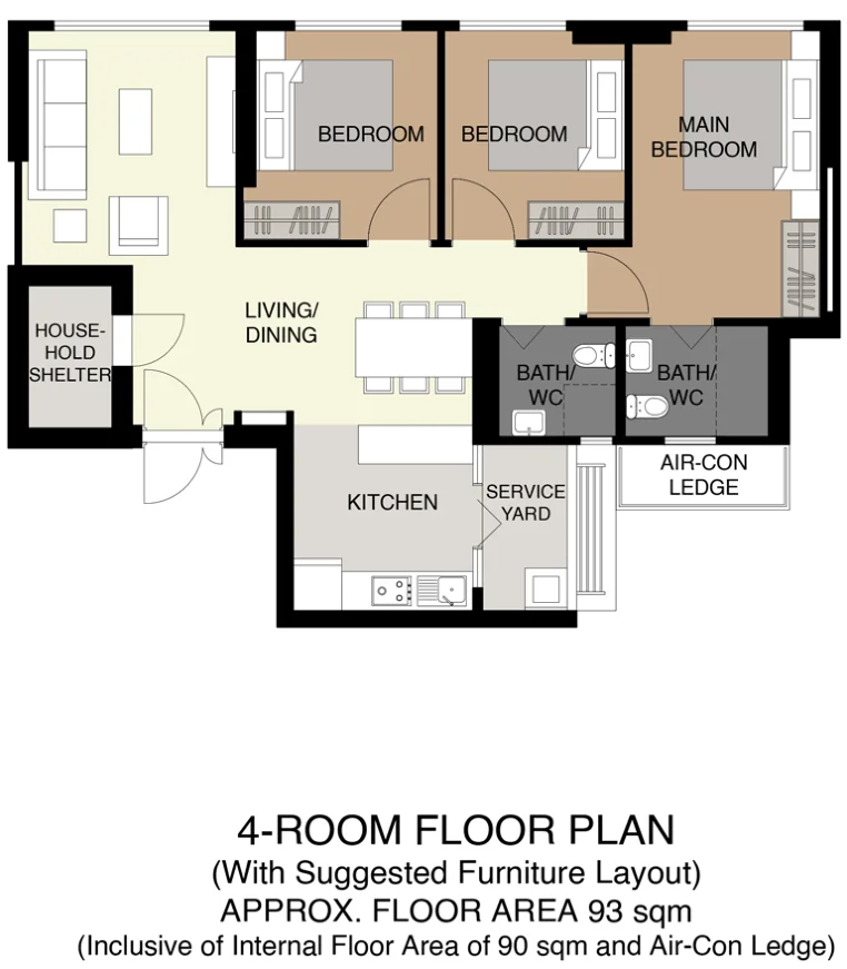 HDB floor plan of a 4-room flat at Bishan Towers, about 93 sqm