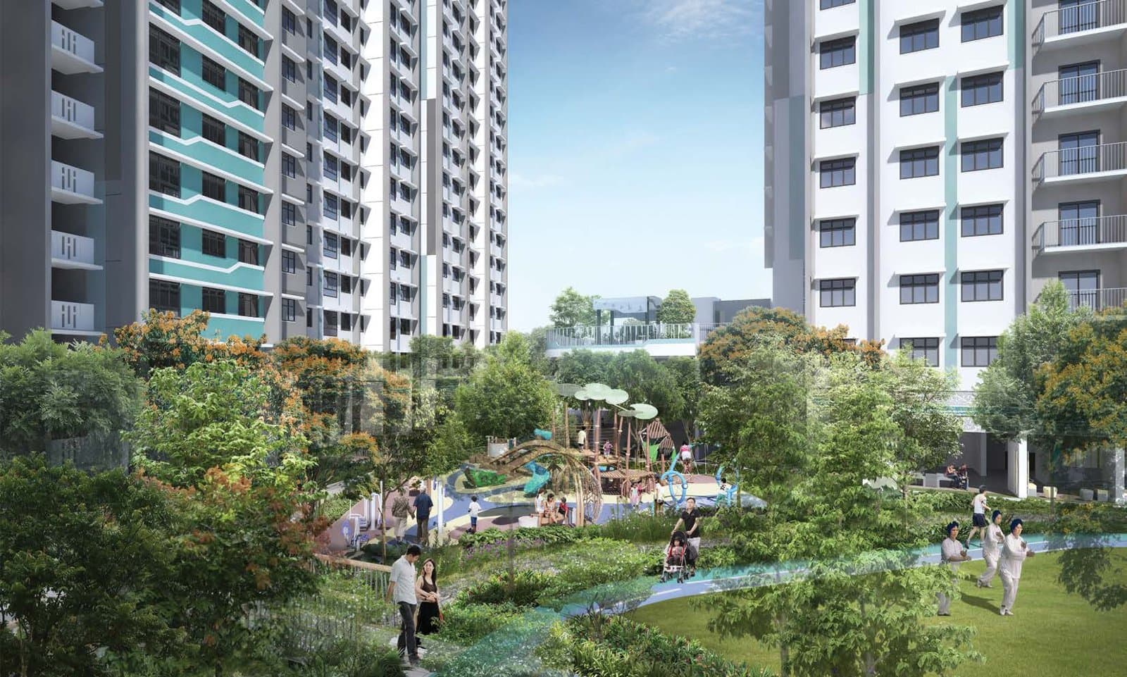 Artist’s impression of Bishan Towers: two white and teal HDB towers of up to 33 storeys around a green lawn, playground and roof garden