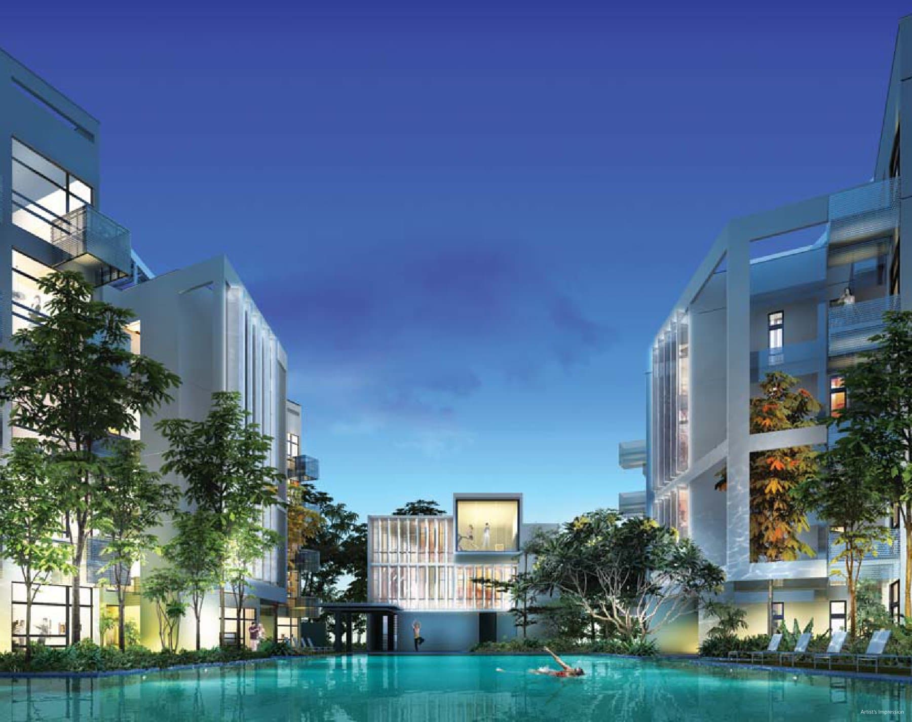 Bliss @ Kovan at dusk: five-storey blocks around the lap pool