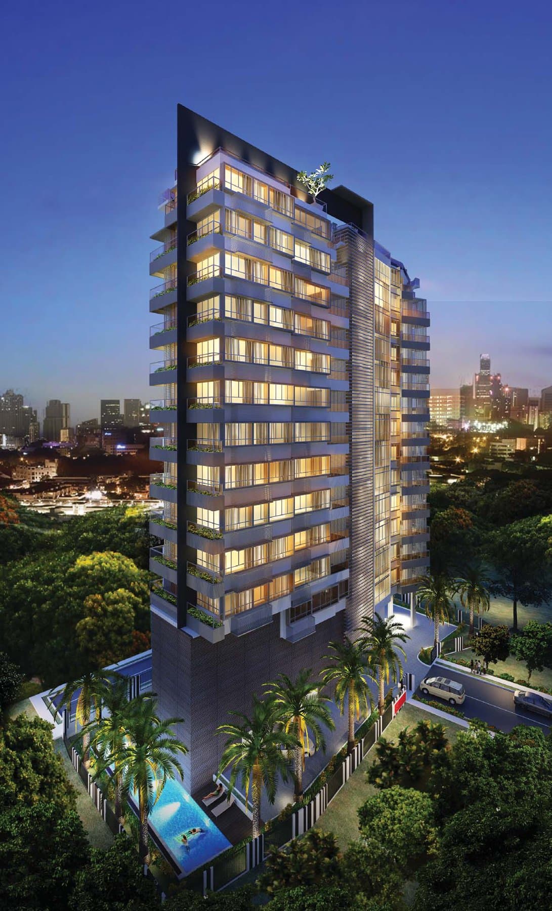 Bliss Loft: the slim 14-storey tower lit at dusk off Kim Keat Close