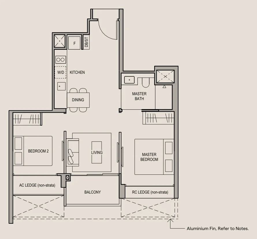 Floor plan of Bloomsbury Residences type B1, 2-Bedroom, 570 sq ft