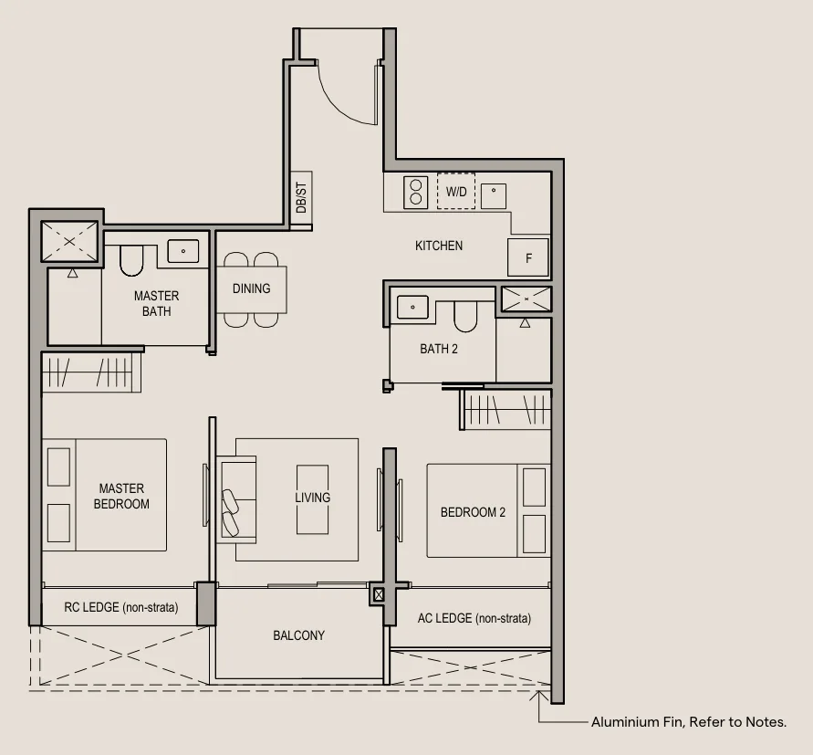 Floor plan of Bloomsbury Residences type B2, 2-Bedroom Premium, 646 sq ft