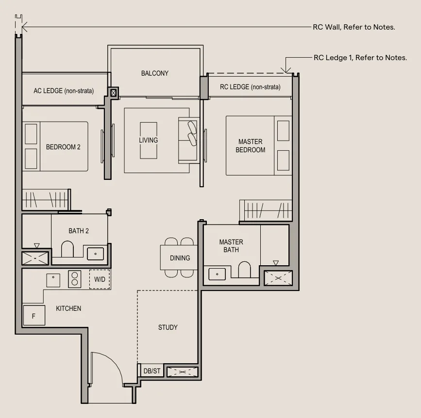 Floor plan of Bloomsbury Residences type B4, 2-Bedroom Premium + Study, 689 sq ft