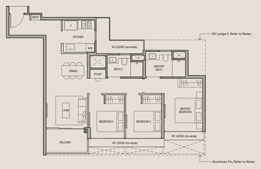 Floor plan of Bloomsbury Residences type C1, 3-Bedroom + Study, 904 sq ft