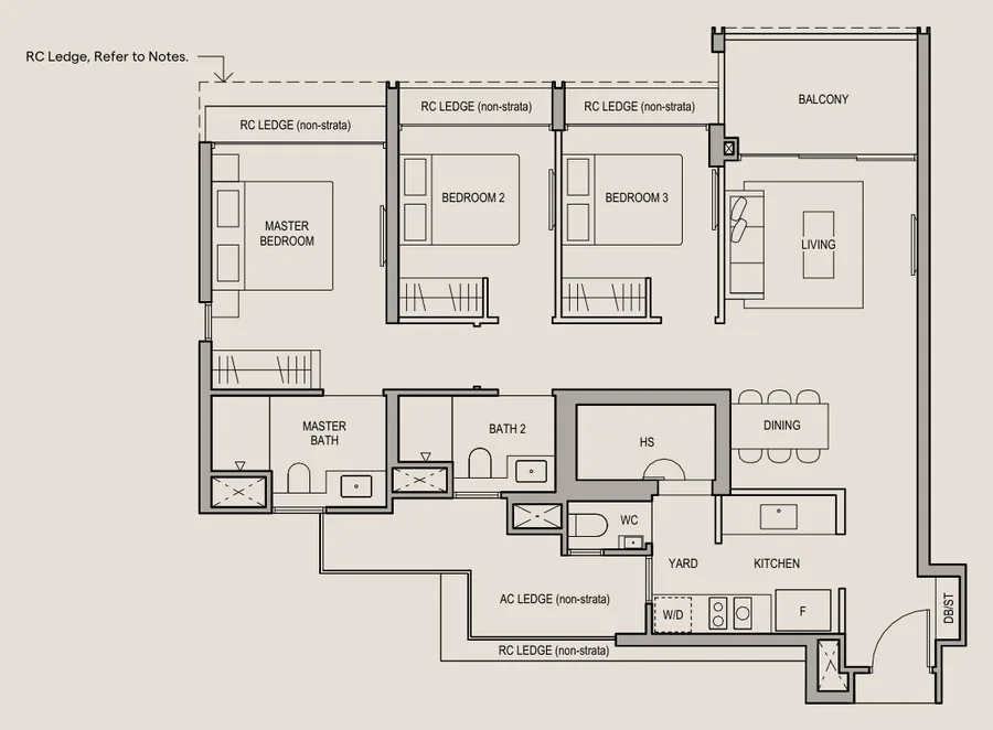 Floor plan of Bloomsbury Residences type C2, 3-Bedroom Premium, 980 sq ft