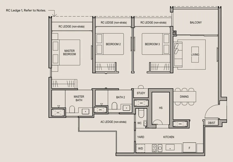 Floor plan of Bloomsbury Residences type C3, 3-Bedroom Premium + Study, 980 sq ft