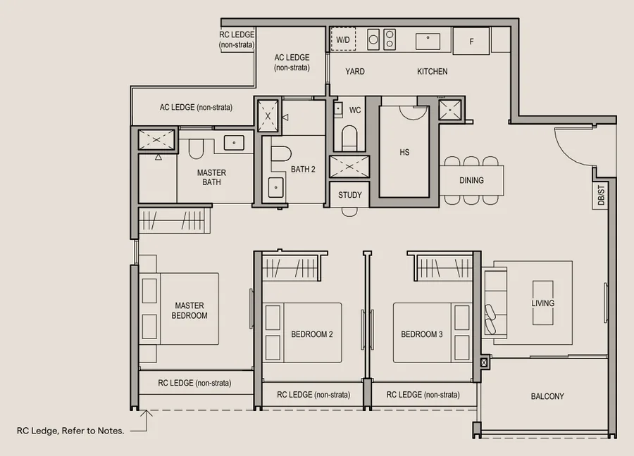 Floor plan of Bloomsbury Residences type C4, 3-Bedroom Premium + Study, 990 sq ft