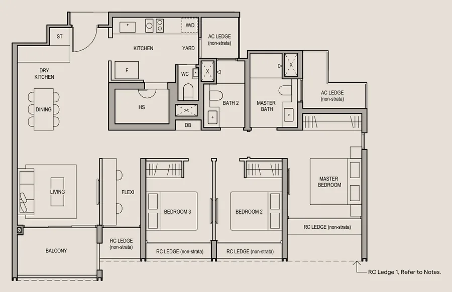 Floor plan of Bloomsbury Residences type C5, 3-Bedroom Premium + Flexi, 1,098 sq ft