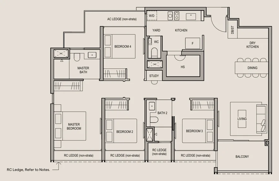 Floor plan of Bloomsbury Residences type D1, 4-Bedroom Premium + Study, 1,173 sq ft
