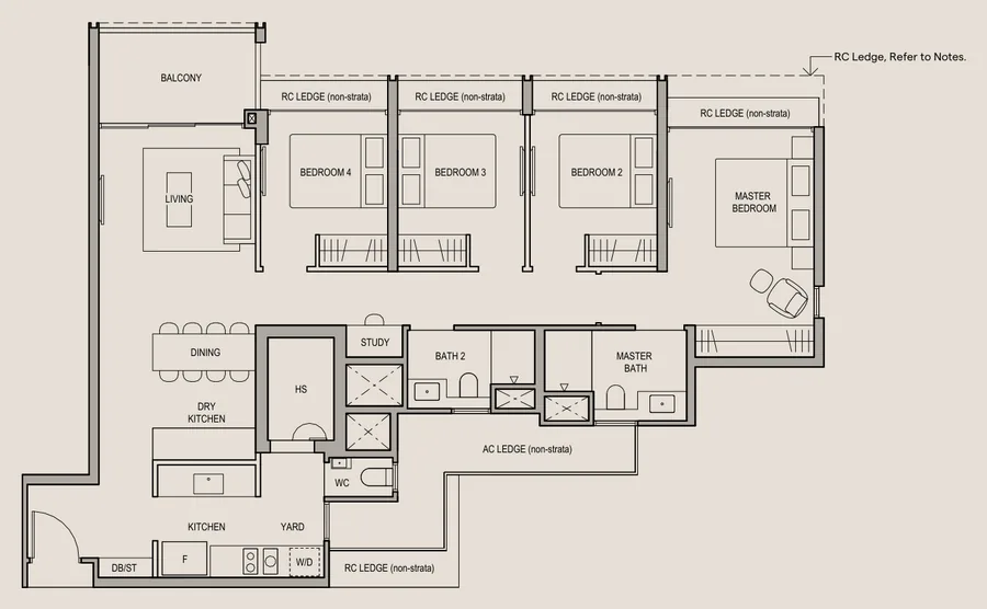 Floor plan of Bloomsbury Residences type D2, 4-Bedroom Premium + Study, 1,206 sq ft