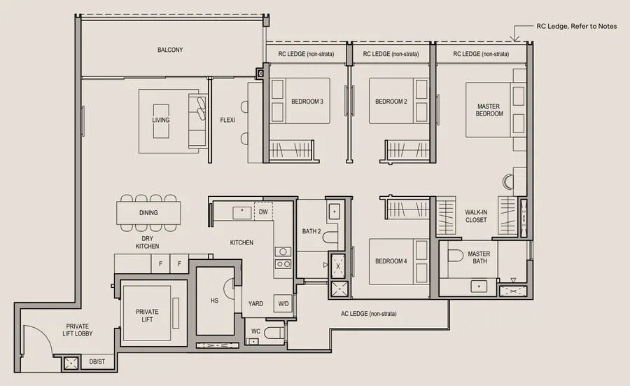 Floor plan of Bloomsbury Residences type D3, 4-Bedroom Suite + Flexi, 1,421 sq ft