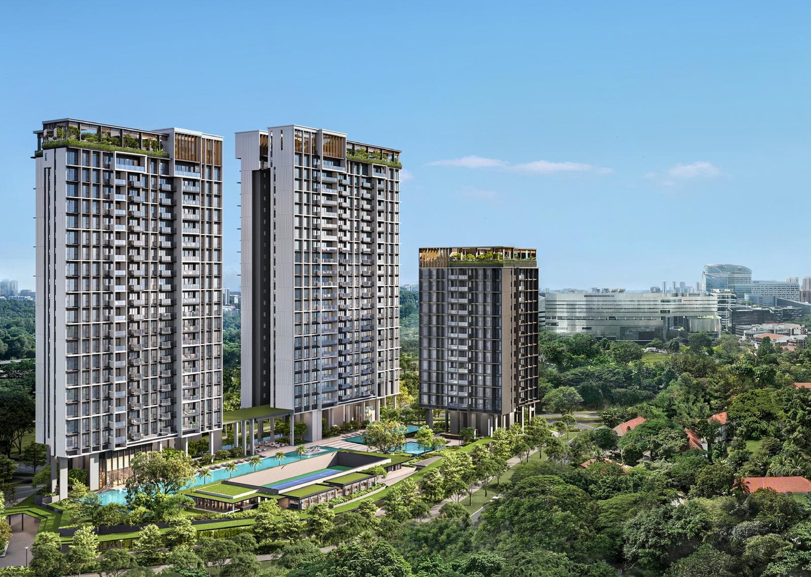 Artist's impression of the three towers of Bloomsbury Residences, 23, 21 and 14 storeys, above the pool deck and the trees of Wessex Estate