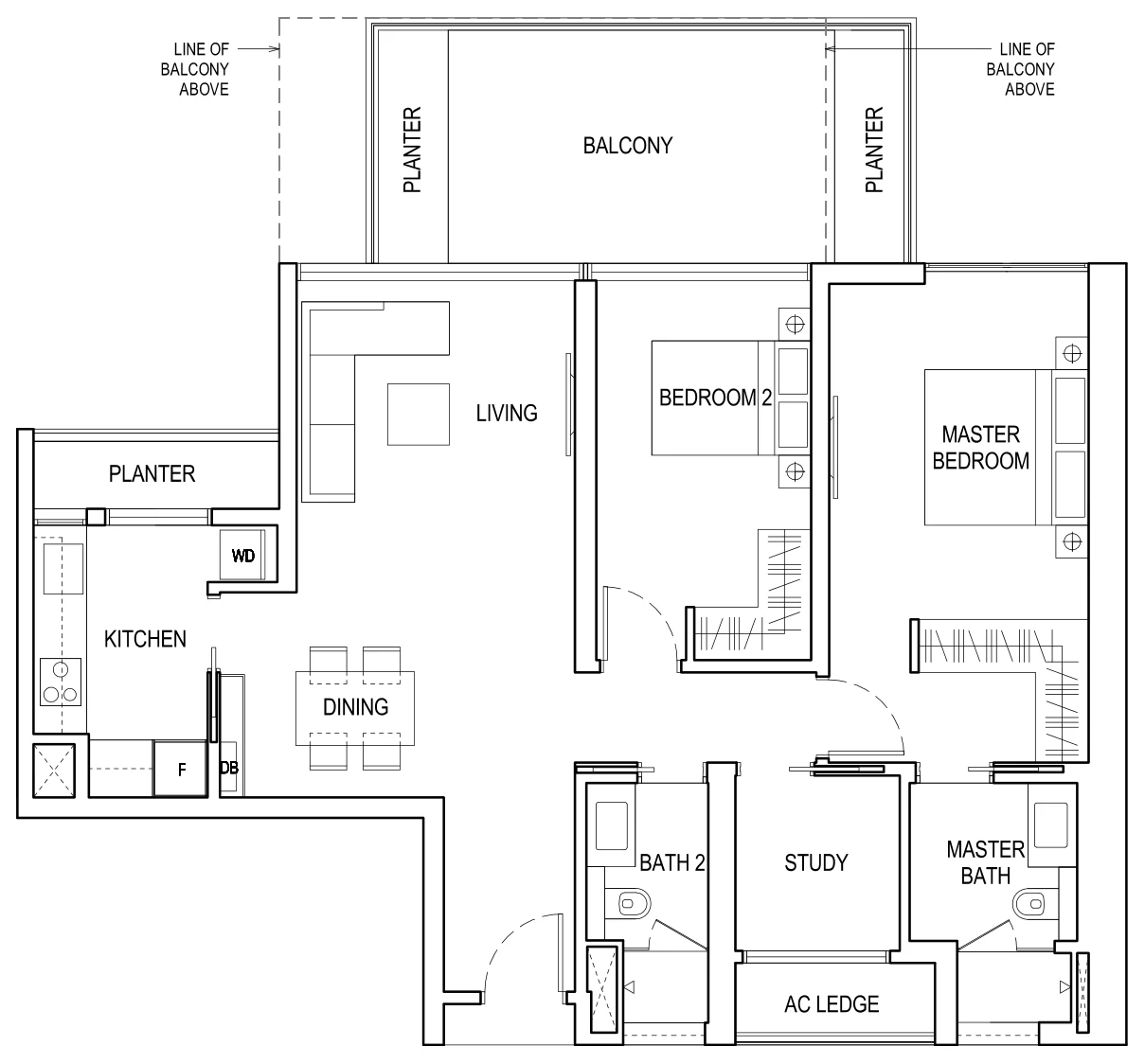 Floor plan of Boulevard 88 type A2*, 2-Bedroom + Study, 1,313 sq ft