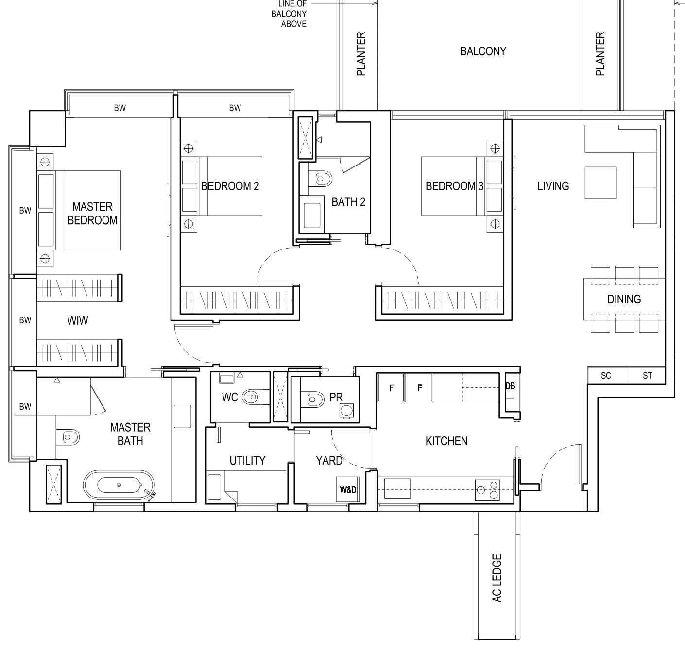 Floor plan of Boulevard 88 type B1*, 3-Bedroom, 1,776 sq ft