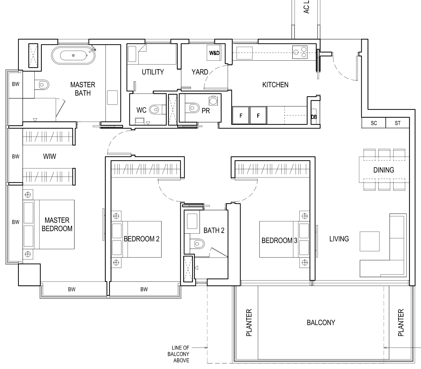 Floor plan of Boulevard 88 type B2, 3-Bedroom, 1,776 sq ft