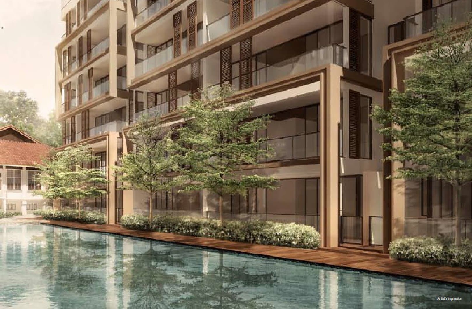 Buckley Classique: a block with deep balconies above the lap pool, with the colonial clubhouse behind