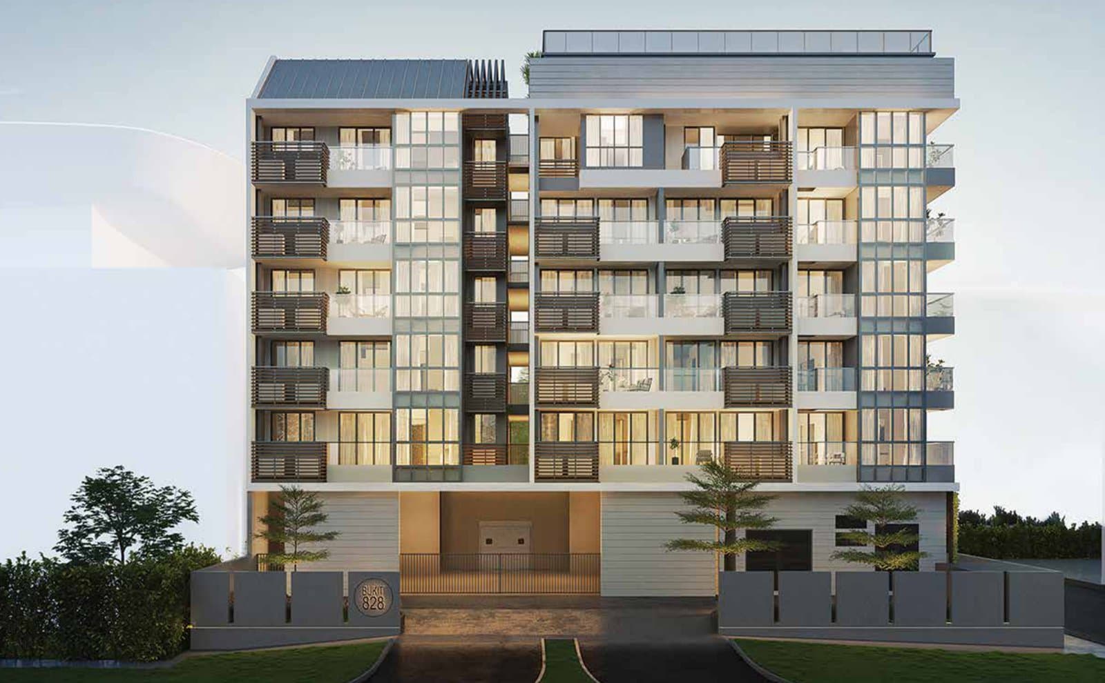 Bukit 828: the block from Upper Bukit Timah Road, with its balconies and rooftop