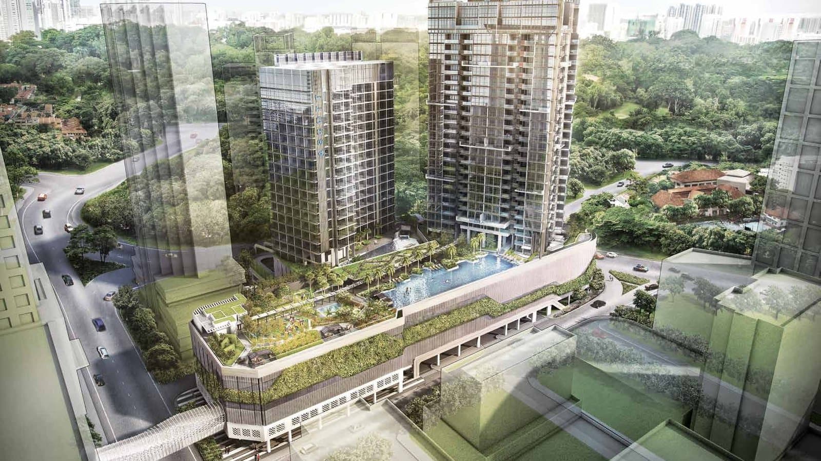 Artist's impression of Cairnhill Nine from the air: the 30-storey tower beside Ascott Orchard Singapore, with the pool deck on the podium and the link bridge to Paragon