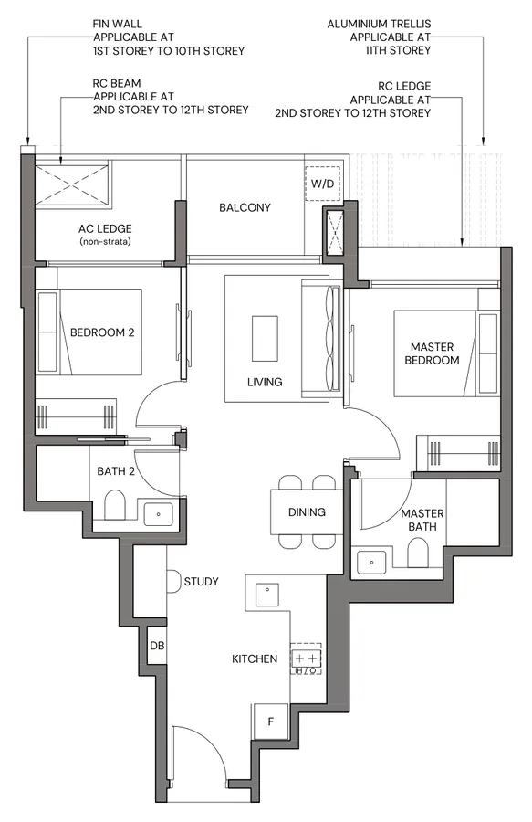Floor plan of Canberra Crescent Residences type 2BR-Pa, 2-Bedroom Premium, 667 sq ft