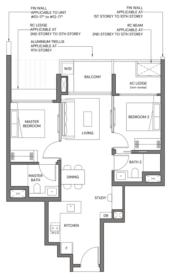 Floor plan of Canberra Crescent Residences type 2BR-Pb, 2-Bedroom Premium, 667 sq ft