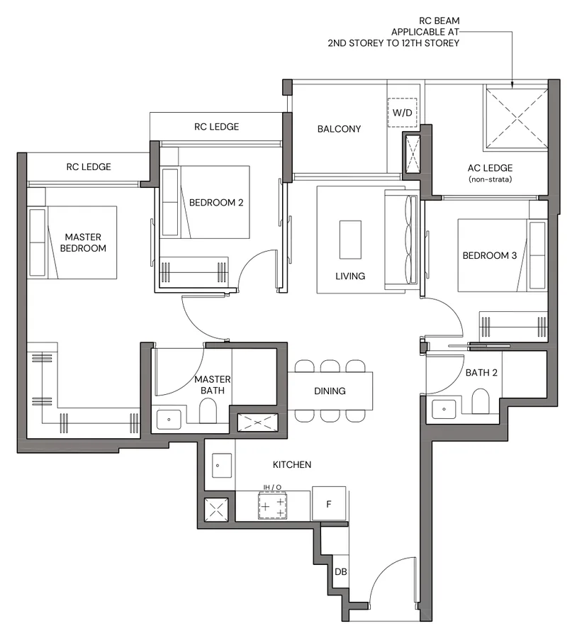 Floor plan of Canberra Crescent Residences type 3BR-Ca (P), 3-Bedroom Compact, 872 sq ft