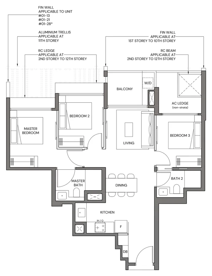 Floor plan of Canberra Crescent Residences type 3BR-Ca, 3-Bedroom Compact, 797 sq ft