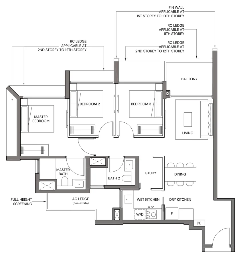 Floor plan of Canberra Crescent Residences type 3BR-Cc, 3-Bedroom Compact, 872 sq ft