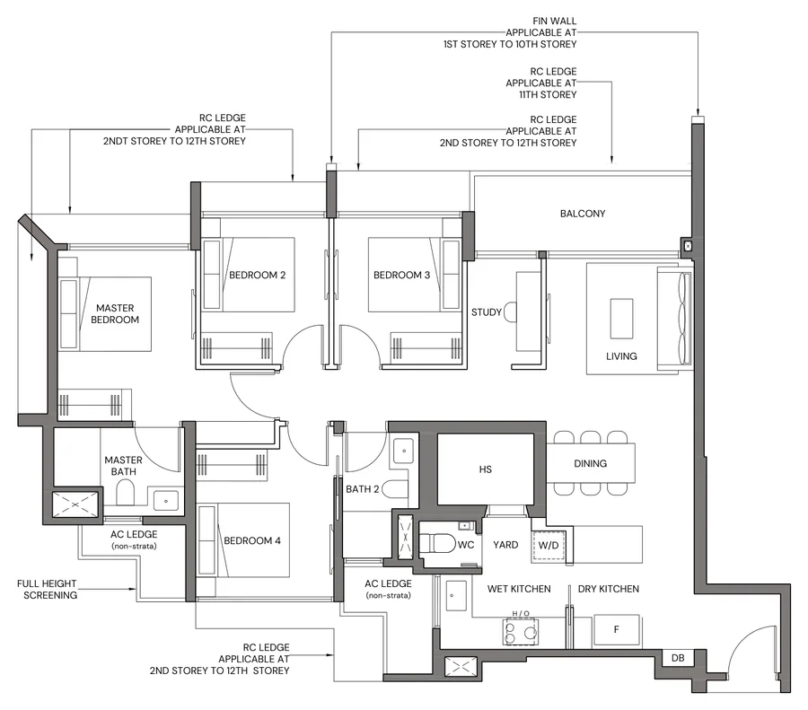 Floor plan of Canberra Crescent Residences type 4BR-Ca, 4-Bedroom Compact, 1,163 sq ft