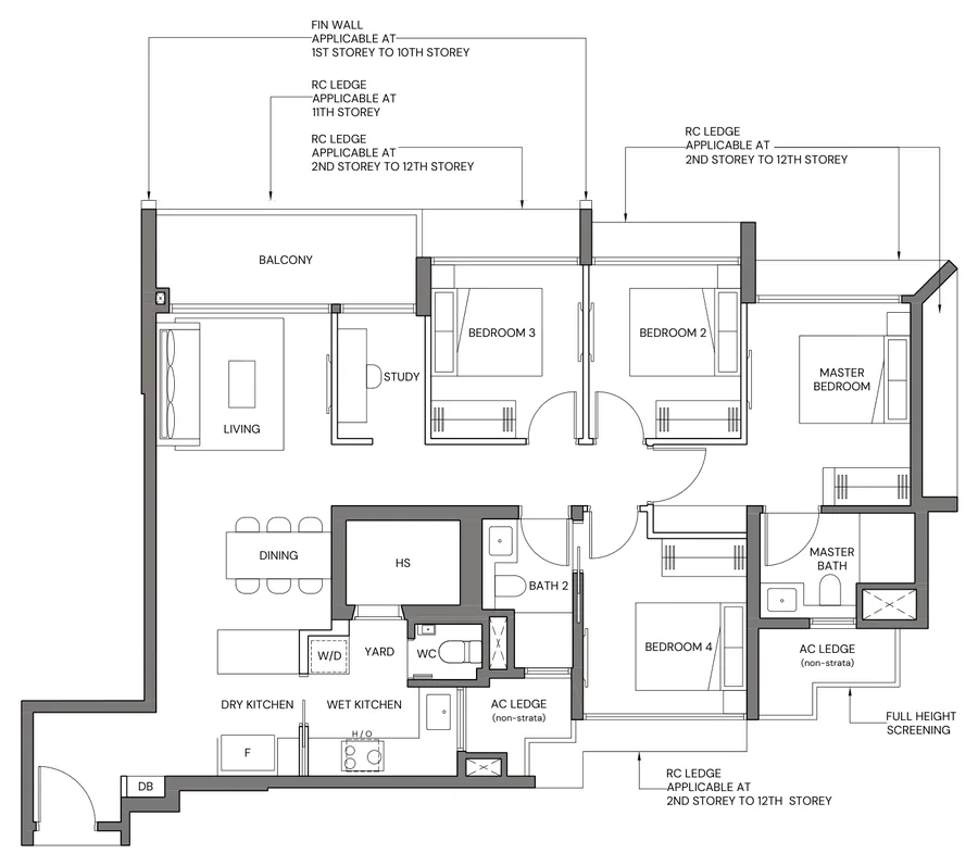 Floor plan of Canberra Crescent Residences type 4BR-Cb, 4-Bedroom Compact, 1,173 sq ft