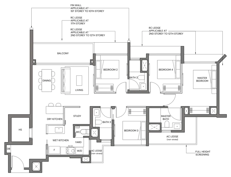 Floor plan of Canberra Crescent Residences type 4BR-Sa, 4-Bedroom Standard, 1,216 sq ft