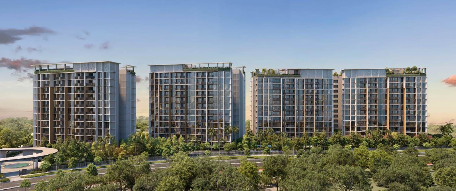 Artist's impression of Canberra Crescent Residences from across Canberra Crescent: four 12-storey blocks in a row above the trees, with the arrival court on the left