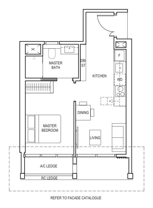 Floor plan of Canninghill Piers type A2, 1-Bedroom, 441 sq ft