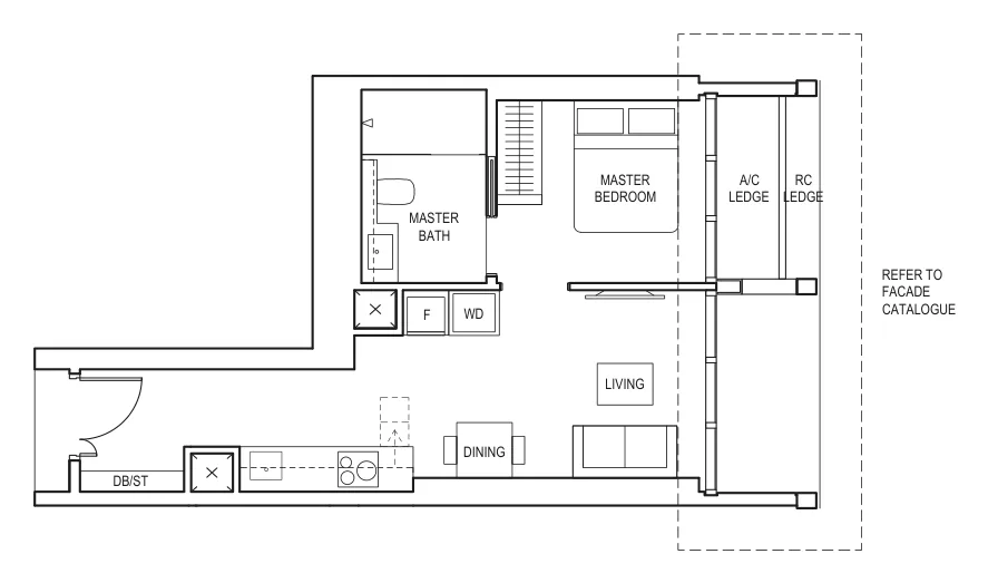 Floor plan of Canninghill Piers type A3, 1-Bedroom, 463 sq ft