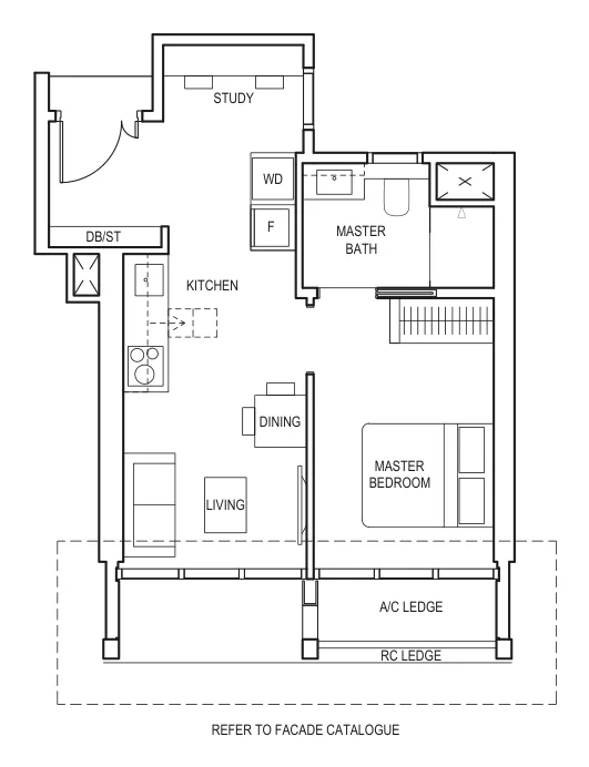 Floor plan of Canninghill Piers type AS1, 1-Bedroom + Study, 474 sq ft