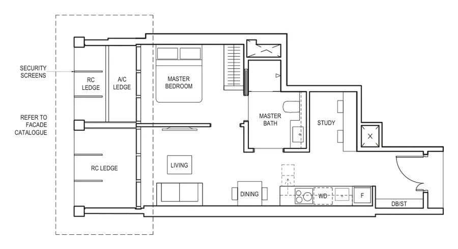 Floor plan of Canninghill Piers type AS2 / AS2(p), 1-Bedroom + Study, 484 sq ft
